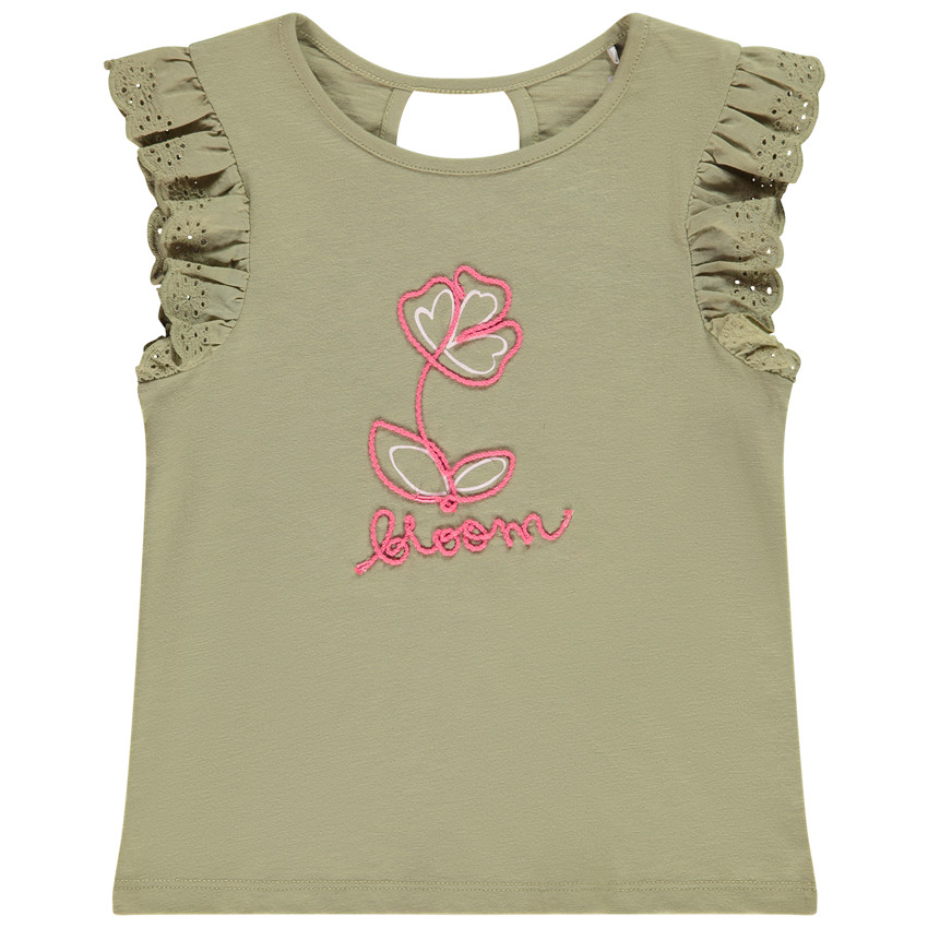 Jersey tank top with ruffled sleeves and cording embroidery for girls